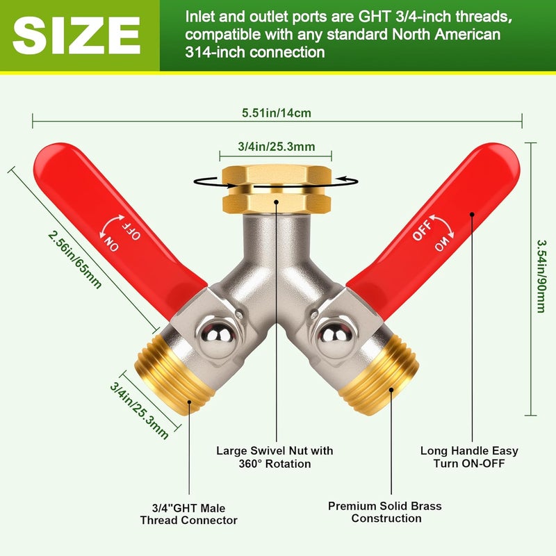 DINGBAI Hose Splitter 2 Way, High Flow Garden Hose Splitter, 3/4” Ght Inlet Brass Heavy Duty Hose Converter, water 2 Way Faucet hose splitter, Long Handle Hose Valve Large Outlet. - Image 3